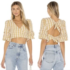 MAJORELLE mustard yellow white plaid puff sleeve cropped blouse